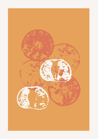 Christmas and Happy New Year Vector composition. Boho wall decor. Mid century modern minimalist art print. Organic natural shape. Mandarin and Orange Stamps.のイラスト素材