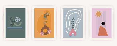 Christmas and Happy New Year. Set of vector vertical backgrounds with abstract elements and shapes in Boho style. Background for mobile app page minimalist Mid century modern.のイラスト素材