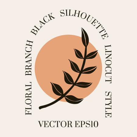 Floral shape composition. Minimal hand drawn folk style. Vector doodle texture with   flower branch. Good for cosmetics, beauty, tattoo, Spa, social media. Black on whiteのイラスト素材