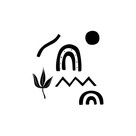Floral and abstract shapes composition. Minimal hand drawn folk style. Vector doodle texture with flower branches. Good for cosmetics, beauty, tattoo, Spa, social media. Black on whiteのイラスト素材