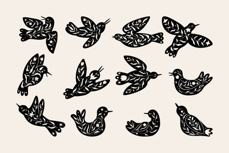 Black floral bird silhouettes set. Minimal hand drawn folk style. Vector doodle logotype with organic textured flying bird and floral branch. Good for cosmetics, beauty, tattoo, Spa, social mediaのイラスト素材