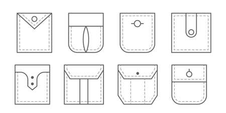 Patch pocket. Set of outline bag vector icons. Uniform casual style denim pockets patches. Jean shirt clothes isolated icon.のイラスト素材