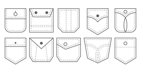 Patch pocket. Set of outline bag vector icons. Uniform casual style denim pockets patches. Jean shirt clothes isolated icon.のイラスト素材