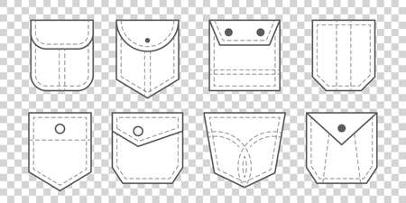 Patch pocket. Set of outline bag vector icons. Uniform casual style denim pockets patches. Jean shirt clothes isolated icon.のイラスト素材