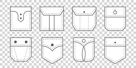 Patch pocket. Set of outline bag vector icons. Uniform casual style denim pockets patches. Jean shirt clothes isolated icon.のイラスト素材