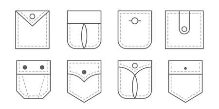 Patch pocket. Set of outline bag vector icons. Uniform casual style denim pockets patches. Jean shirt clothes isolated icon.のイラスト素材