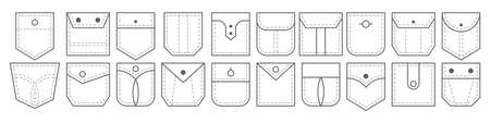 Patch pocket. Set of outline bag vector icons. Uniform casual style denim pockets patches. Jean shirt clothes isolated icon.のイラスト素材