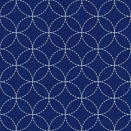Japanese sashiko embroidery seamless vector pattern. Needlework fabric design. Background with simple stitch line asian ornament. Traditional tie dye Japan kimono motif. Seven treasures.のイラスト素材