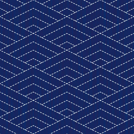 Japanese sashiko embroidery seamless vector pattern. Needlework fabric design. Background with simple stitch line asian ornament. Traditional tie dye Japan kimono motif. Rhombic blue waves.のイラスト素材