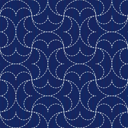 Japanese sashiko embroidery seamless vector pattern. Needlework fabric design. Background with simple stitch line asian ornament. Traditional tie dye Japan kimono motif. Crossing semicircle.のイラスト素材