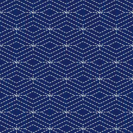 Japanese sashiko embroidery seamless vector pattern. Needlework fabric design. Background with simple stitch line asian ornament. Traditional tie dye Japan kimono motif. Three connected rhombuses.のイラスト素材