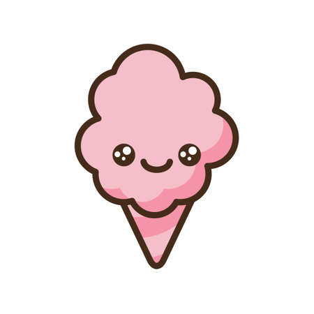 Cotton candy emoji vector character. Anime style cartoon sweet food. Funny kawaii face isolated clipart drawing. Carnival party cloud snack. Cute illustration.のイラスト素材
