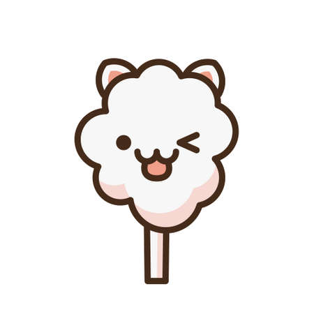Cotton candy peach kat emoji vector character. Anime style cartoon sweet food. Funny kawaii face isolated clipart drawing. Carnival party cloud snack. Cute illustration.のイラスト素材