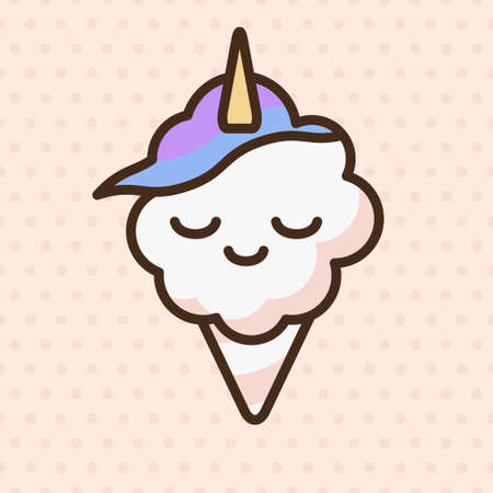 Cotton candy unicorn emoji vector character. Anime style cartoon sweet food. Funny kawaii face isolated clipart drawing. Carnival party cloud snack. Cute illustration.のイラスト素材