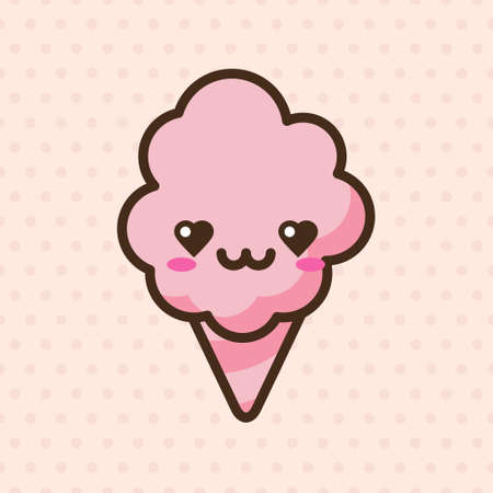 Cotton candy emoji vector character. Anime style cartoon sweet food. Funny kawaii face isolated clipart drawing. Carnival party cloud snack. Cute illustration.のイラスト素材