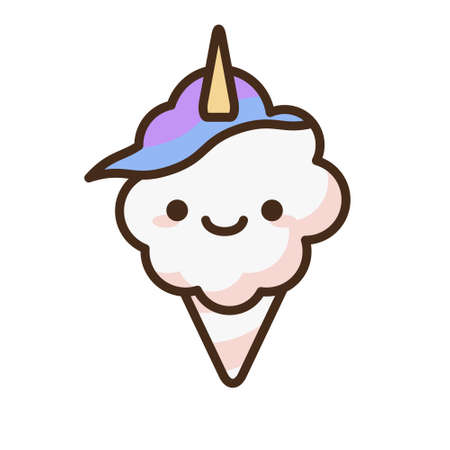Cotton candy unicorn emoji vector character. Anime style cartoon sweet food. Funny kawaii face isolated clipart drawing. Carnival party cloud snack. Cute illustration.のイラスト素材