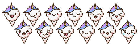 Cotton candy unicorn emoji vector characters set. Anime style cartoon sweet food. Funny kawaii face isolated clipart drawing. Carnival party cloud snack. Cute illustration.のイラスト素材