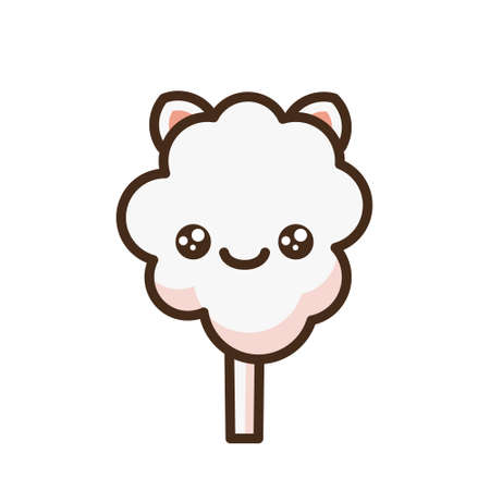 Cotton candy peach kat emoji vector character. Anime style cartoon sweet food. Funny kawaii face isolated clipart drawing. Carnival party cloud snack. Cute illustration.のイラスト素材