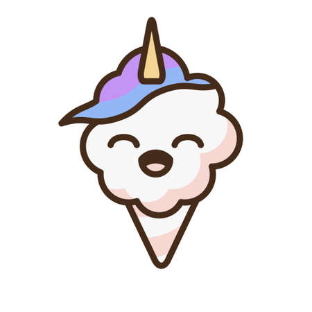 Cotton candy unicorn emoji vector character. Anime style cartoon sweet food. Funny kawaii face isolated clipart drawing. Carnival party cloud snack. Cute illustration.のイラスト素材