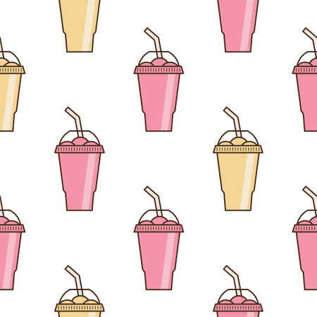Vector slush drink seamless pattern. Cartoon ice cup (Frozen Drink). Emoji clipart drawing of tropical smoothie shake.のイラスト素材