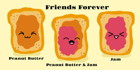 Peanut butter and Jelly jam on a toast vector illustration. Funny hand drawn cartoon cute characters. National Best Friends Day card . Smiling kawaii face.のイラスト素材