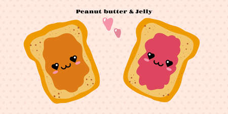 Peanut butter and Jelly jam on a toast vector illustration. Funny hand drawn cartoon cute characters. National Best Friends Day card . Smiling kawaii face.のイラスト素材