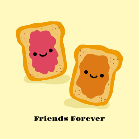 Peanut butter and Jelly jam on a toast vector illustration. Funny hand drawn cartoon cute characters. National Best Friends Day card . Smiling kawaii face.のイラスト素材