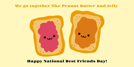 Peanut butter and Jelly jam on a toast vector illustration. Funny hand drawn cartoon cute characters. National Best Friends Day card . Smiling kawaii face.のイラスト素材