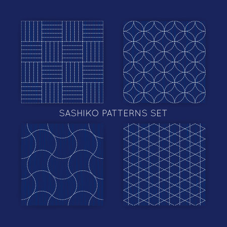 Japanese sashiko embroidery seamless vector patterns set. Needlework fabric design. Background with simple stitch line asian ornament. Traditional tie dye Japan kimono motif.のイラスト素材