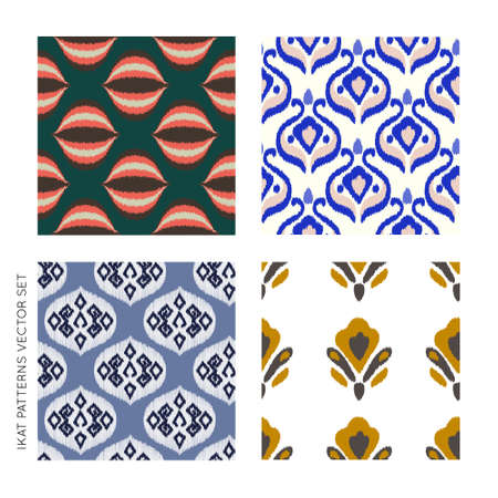 Ikat seamless ogee vector patterns set. Aztec tribal abstract modern textile print. Damask style background with stripes and chevron. Ethnic fabric. Boho geometric fashion design.の写真素材