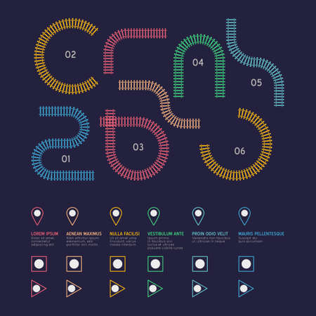Railroad tracks infographic. Vector flat style ciry railway scheme. Subway stations map top view. Industrial transport maze colorful illustration.のイラスト素材