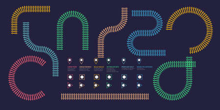 Railroad tracks infographic. Vector flat style ciry railway scheme. Subway stations map top view. Industrial transport maze colorful illustration.のイラスト素材
