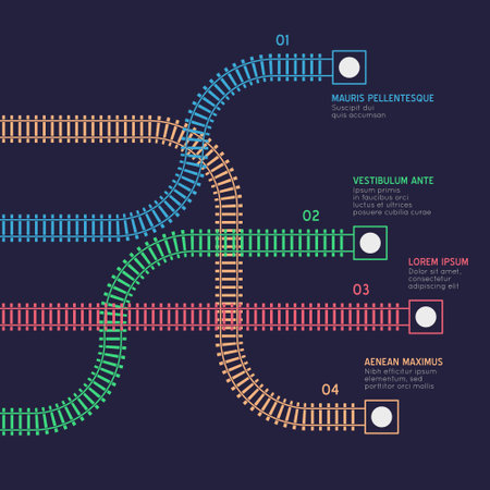 Railroad tracks infographic. Vector flat style ciry railway scheme. Subway stations map top view. Industrial transport maze colorful illustration.のイラスト素材