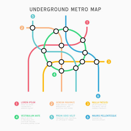 Metro map infographics vector template. City Subway transportation scheme. Underground connection top view. Industrial transport maze colorful illustration.のイラスト素材