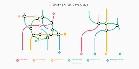Metro map infographics vector template. City Subway transportation scheme. Underground connection top view. Industrial transport maze colorful illustration.のイラスト素材