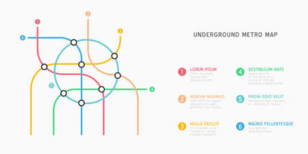 Metro map infographics vector template. City Subway transportation scheme. Underground connection top view. Industrial transport maze colorful illustration.のイラスト素材