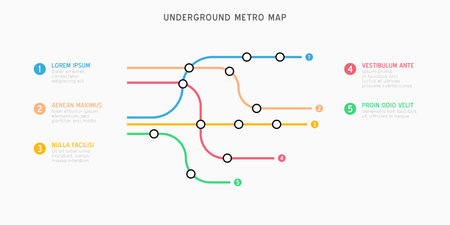 Metro map infographics vector template. City Subway transportation scheme. Underground connection top view. Industrial transport maze colorful illustration.のイラスト素材