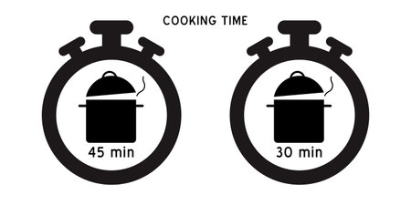 Cooking time vector icon. Meal Timer logo design. 5 minutes cook in boiling saucepan, fry pan,  microwave watt and oven cooker.  Instructions for packaging food products. Isolated elements.のイラスト素材