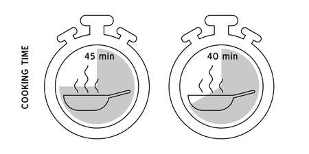 Cooking time vector icon. Meal Timer logo design. 5 minutes cook in boiling saucepan, fry pan,  microwave watt and oven cooker.  Instructions for packaging food products. Isolated elements.のイラスト素材