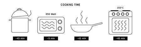 Cooking time vector icon. Meal Timer logo design. 5 minutes in boiling saucepan, fry pan,  microwave watt and oven cooker.  Instructions for packaging food products. Different types of cook.のイラスト素材