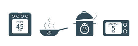 Cooking time vector icon. Meal Timer logo design. 5 minutes in boiling saucepan, fry pan,  microwave watt and oven cooker.  Instructions for packaging food products. Different types of cook.のイラスト素材