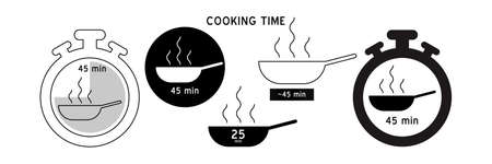 Cooking time vector icon. Meal Timer logo design. 5 minutes in boiling saucepan, fry pan,  microwave watt and oven cooker.  Instructions for packaging food products. Different types of cook.のイラスト素材