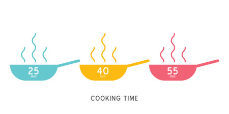 Cooking time vector icon. Meal Timer logo design. 5 minutes cook in boiling saucepan, fry pan,  microwave watt and oven cooker.  Instructions for packaging food products. Isolated elements.のイラスト素材