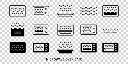 Microwave oven safe vector outline icon. Wave Cooking line.  Reheat meal  kitchen pictogram. Instructions for packaging food products. Isolated elements.のイラスト素材