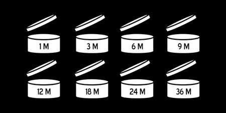 PAO vector icons set. Cosmetic open month life. Expiration period symbols collection. Best before date logo.のイラスト素材
