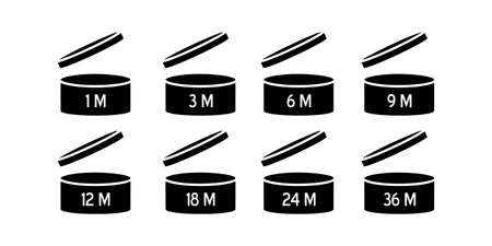 PAO vector icons set. Cosmetic open month life. Expiration period symbols collection. Best before date logo.のイラスト素材