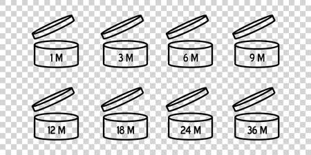PAO vector icons set. Cosmetic open month life. Expiration period symbols collection. Best before date logo.のイラスト素材