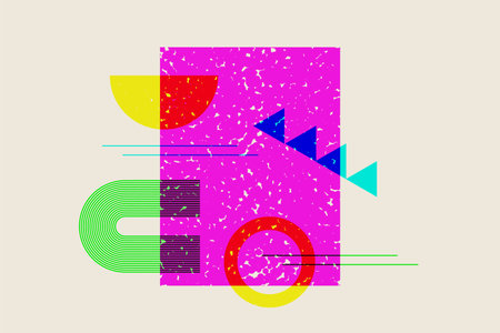 Risograph effect geometric Abstract shapes. Vector Boho elements with riso print texture.Mid...