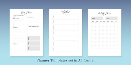 Printable vector planner. Modern business organizer template. Blank Vertical journal notebook page. Background design frame. Paper sheet size A4.Checklist,date,notes, habit tracker.のイラスト素材