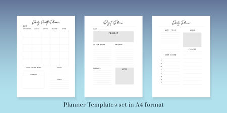 Printable vector planner. Modern business organizer template. Blank Vertical journal notebook page. Background design frame. Paper sheet size A4.Checklist,date,notes, habit tracker.のイラスト素材